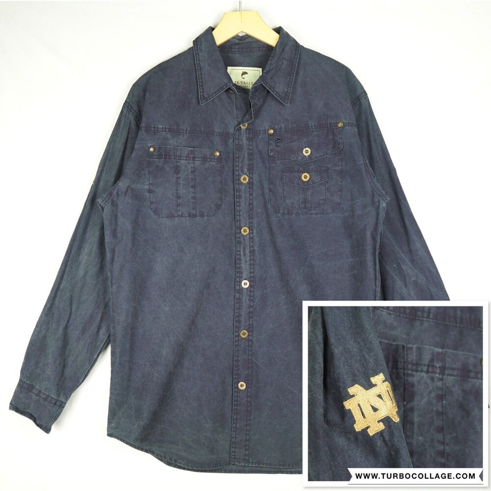 Lee Valley Ireland Notre Dame Metal Button Shirt Mens Small Blue Embroidered